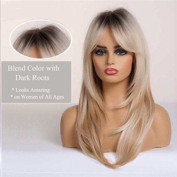 20 Inches Long Straight Blonde with Dark Roots Layered Synthetic Straight Blonde main image 5